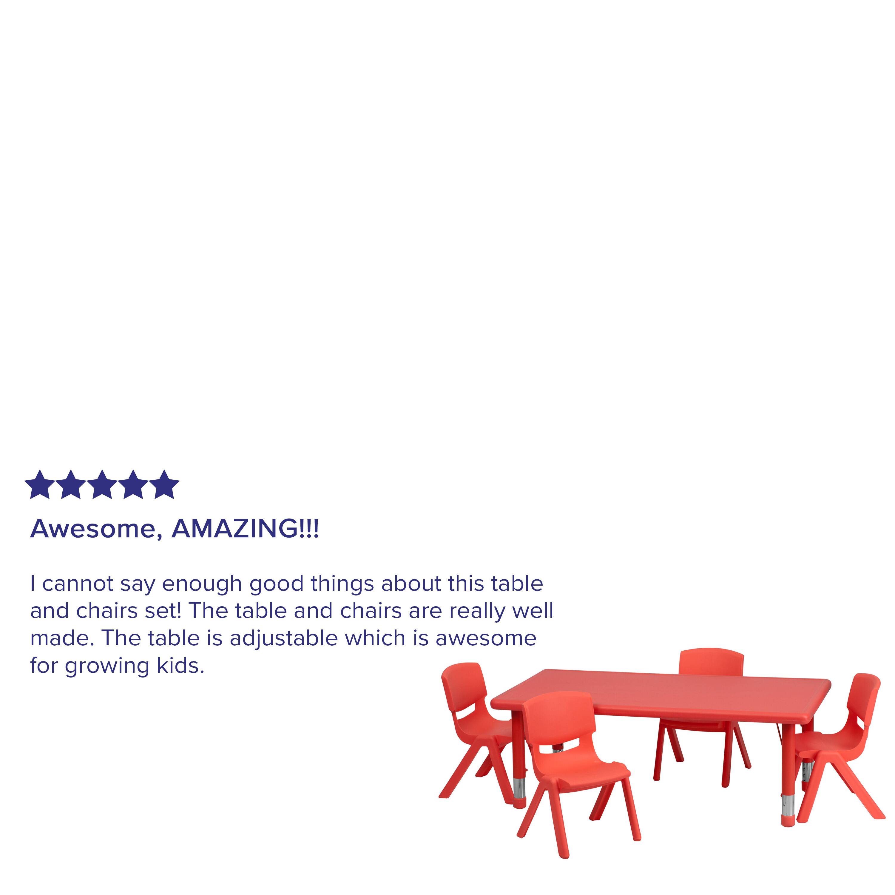 Awesome, AMAZING!!!  
I cannot say enough good things about this table and chairs set! The table and chairs are really well made. The table is adjustable which is awesome for growing kids.