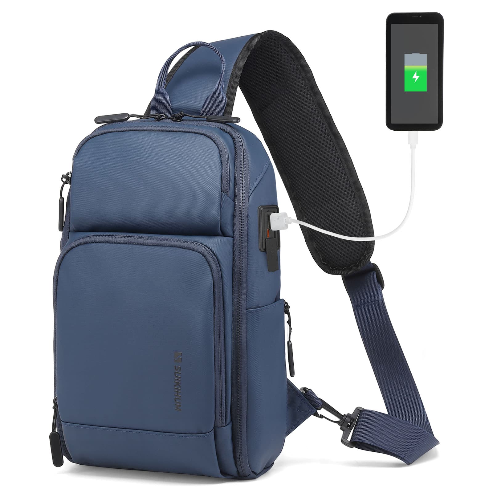 Unique Bargains - Men's Sling Bag Convertible Anti Theft Sling Backpack 11" One Shoulder Crossbody Backpack with USB Charging Port - Dark Blue
