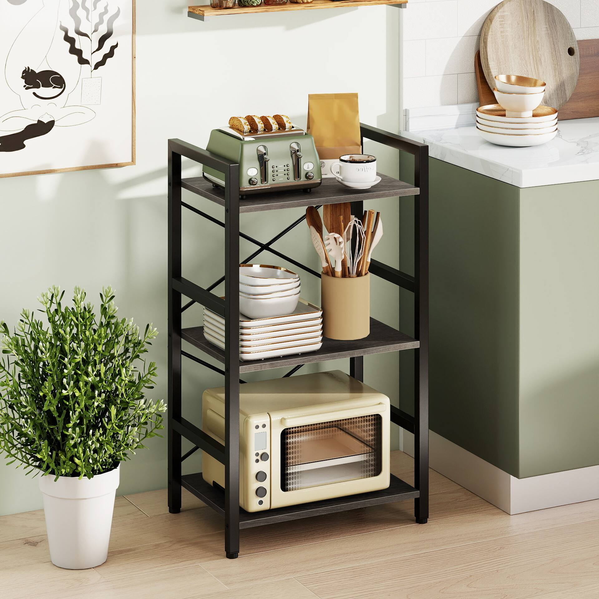 Alt View 3. Costway - Costway 3-Tier Industrial Bookshelf, 16.5" Width Wooden Open Bookcase with Metal Frame - Gray Oak + Black.