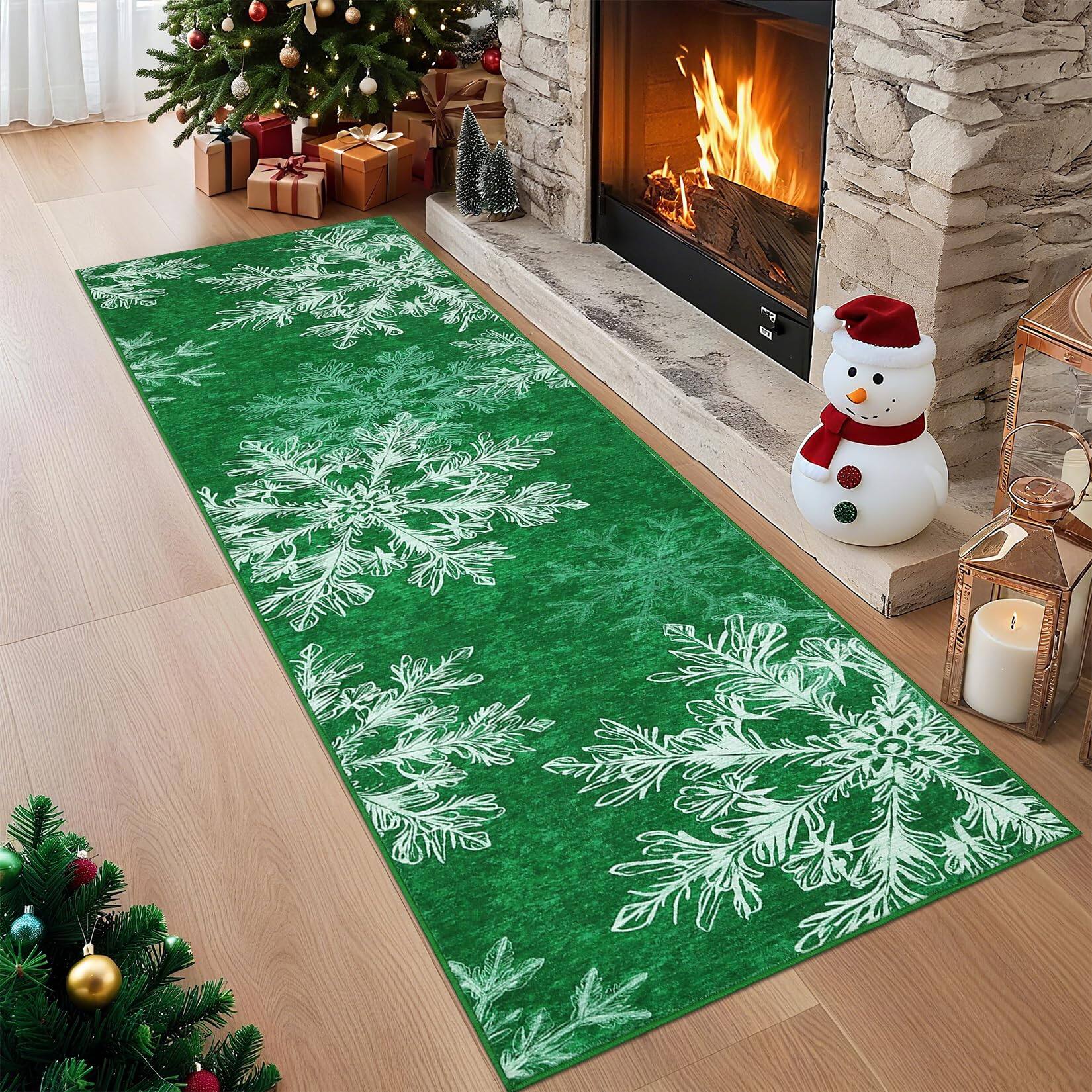Left. Jojoka - 2x6ft  Christmas Snowflakes Printed Area Rug Washable Non Slip,Soft Indoor Carpets,Low Pile Xmas Decoration Rugs - Green.