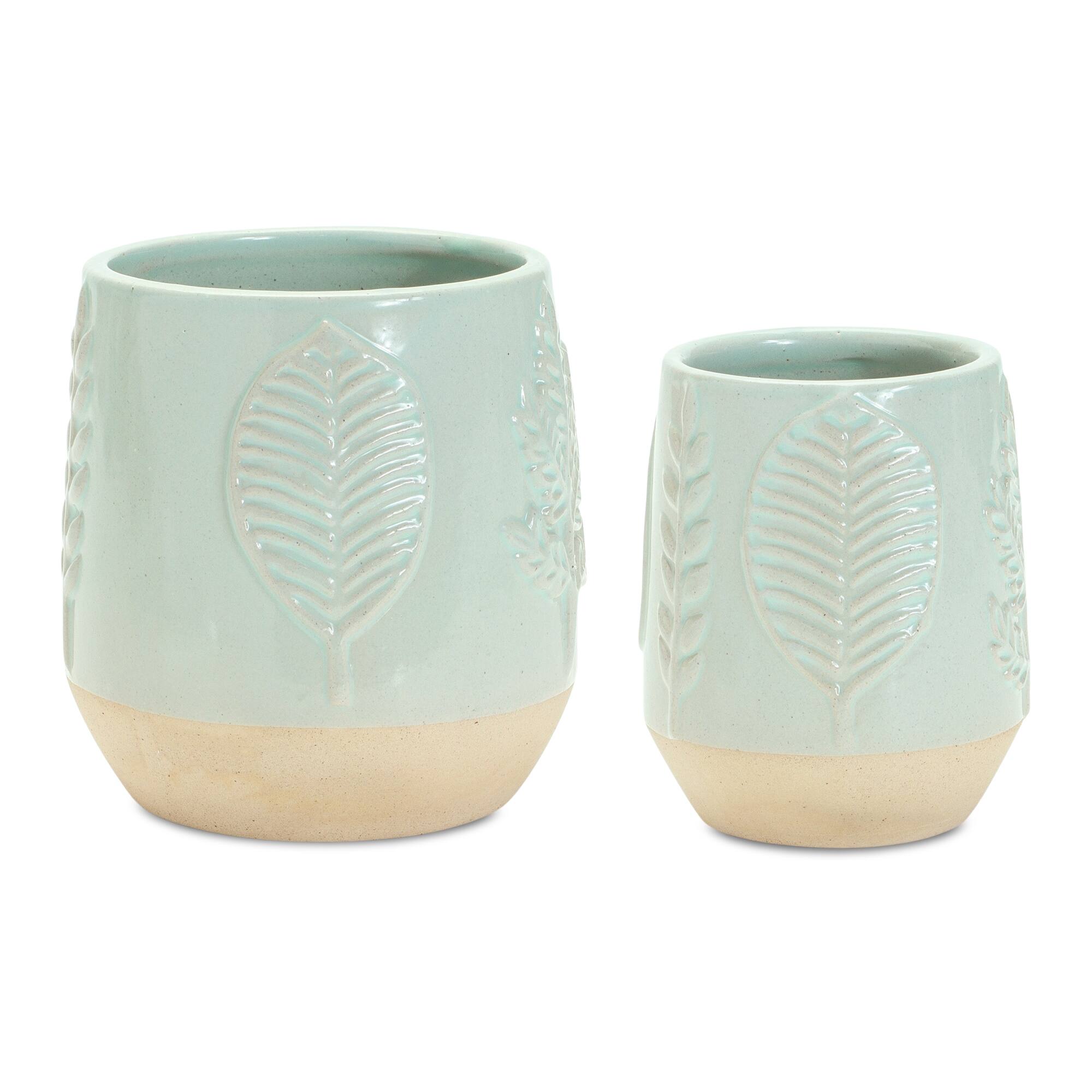 Back. BreeBe - Two-Tone Porcealin Planter with Leaf Design (Set of 2) - Green, Tan.