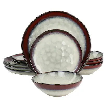 Front. Elama - Elama Samara 12 Piece Stoneware Dinnerware Set in Red and Off White - Red and Off White.