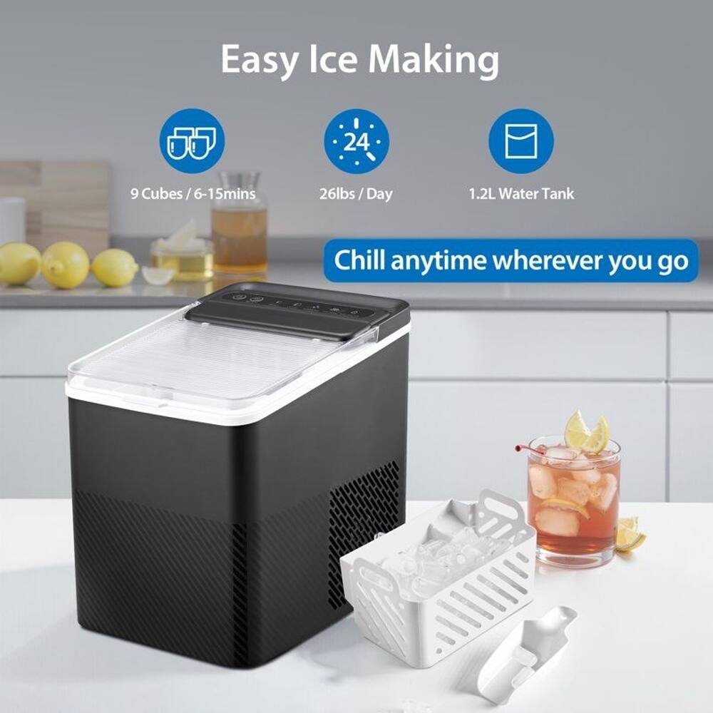 Easy Ice Making  
24 9 Cubes / 6-15mins  
26lbs / Day  
1.2L Water Tank  
Chill anytime wherever you go