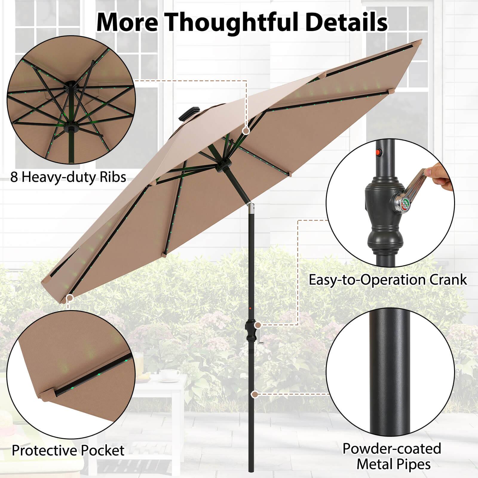 More Thoughtful Details

- 8 Heavy-duty Ribs
- Easy-to-Operation Crank
- Protective Pocket
- Powder-coated Metal Pipes