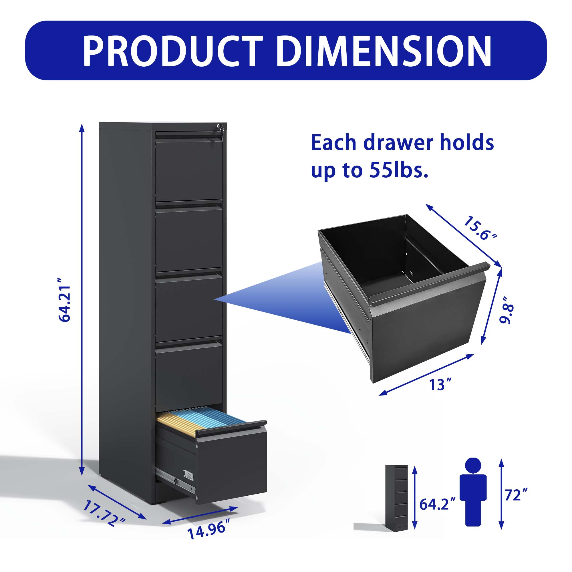 PRODUCT DIMENSION

Each drawer holds up to 55lbs.

- Height: 64.21"
- Width: 15.6"
- Depth: 9.8"
- Drawer Height: 13"
- Drawer Width: 17.72"
- Drawer Depth: 14.96"
- Overall Height: 64.2"
- Overall Width: 72"