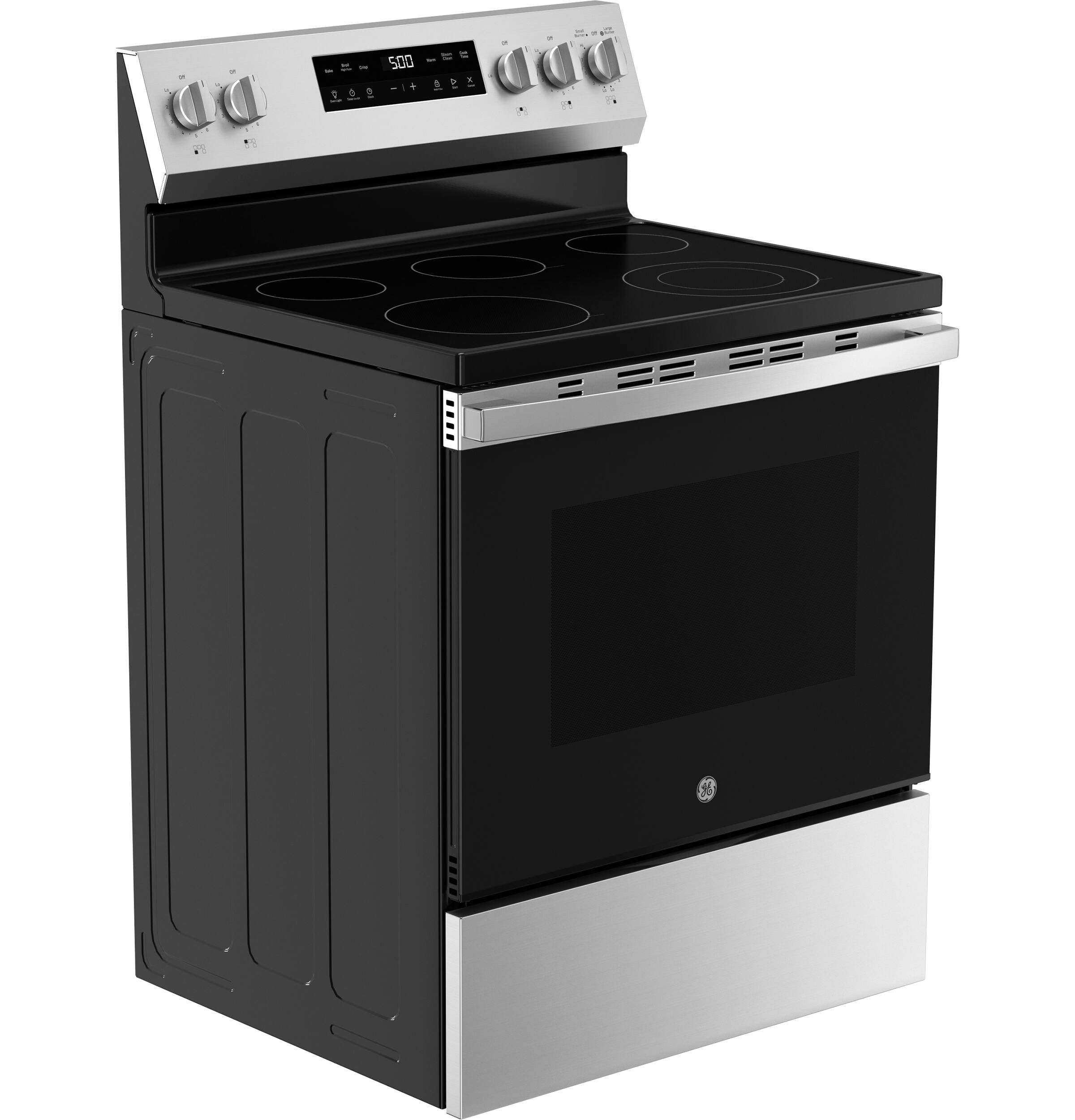 Angle. GE - 5.3 Cu. Ft. Freestanding Electric Range with Crisp Mode and Express Preheat - Stainless Steel.