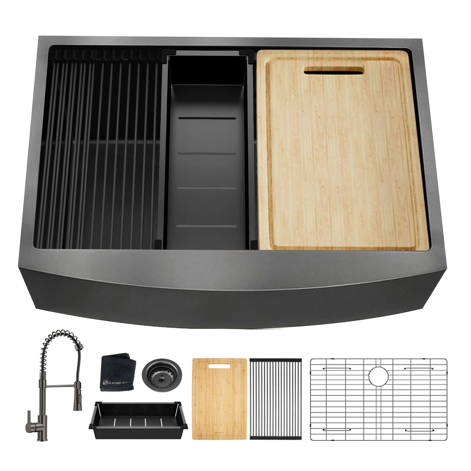 Angle. TinyHomie - 33x22 Inch Farmhouse Workstation Gunmetal Black 18Gauge Stainless Steel Single Bowl Kitchen Sink with Faucet - Black.