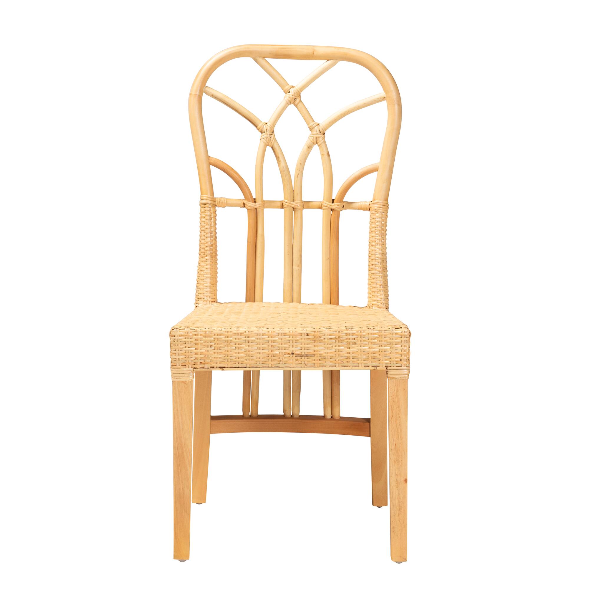 Angle. bali & pari - Monaco Modern Bohemian Oak Finished Mahogany Wood and Natural Rattan Dining Chair - Natural Brown/Oak Brown.