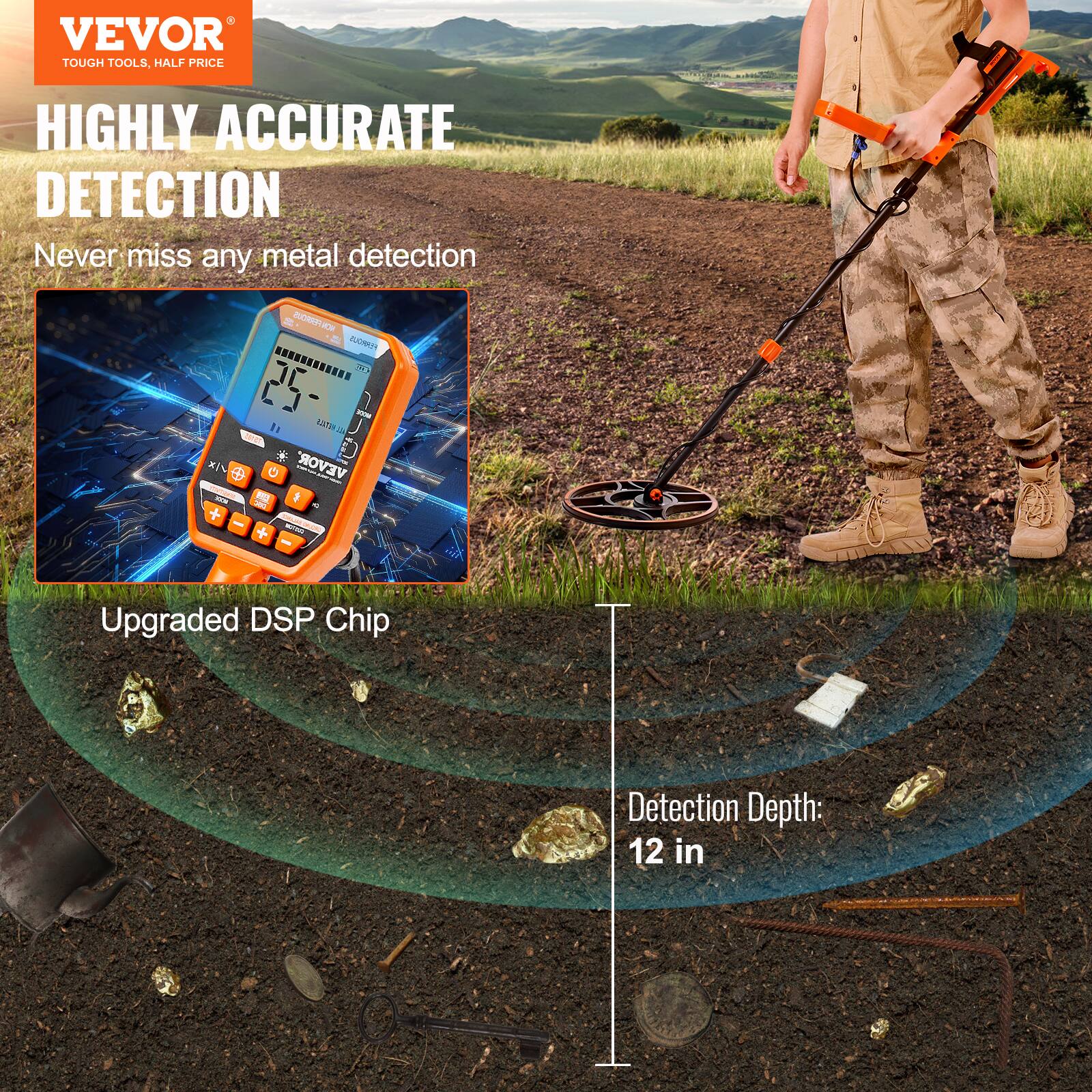 VEVOR  
TOUGH TOOLS, HALF PRICE  

HIGHLY ACCURATE DETECTION  
Never miss any metal detection  

Upgraded DSP Chip  

Detection Depth: 12 in