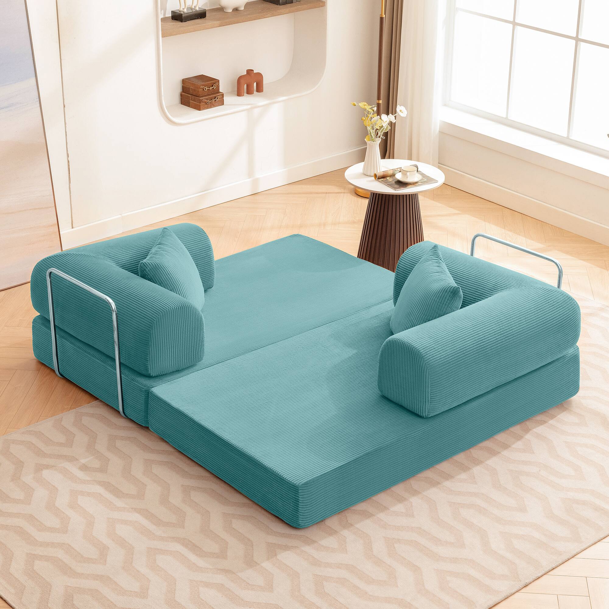 Angle. KERDOM - 62'' Wide Corduroy Sleeper Sofa Bed, Convertible Loveseat Sofa With Pull-out Bed, Foldable Spliced Block Lounge Couch - Aqua Blue.