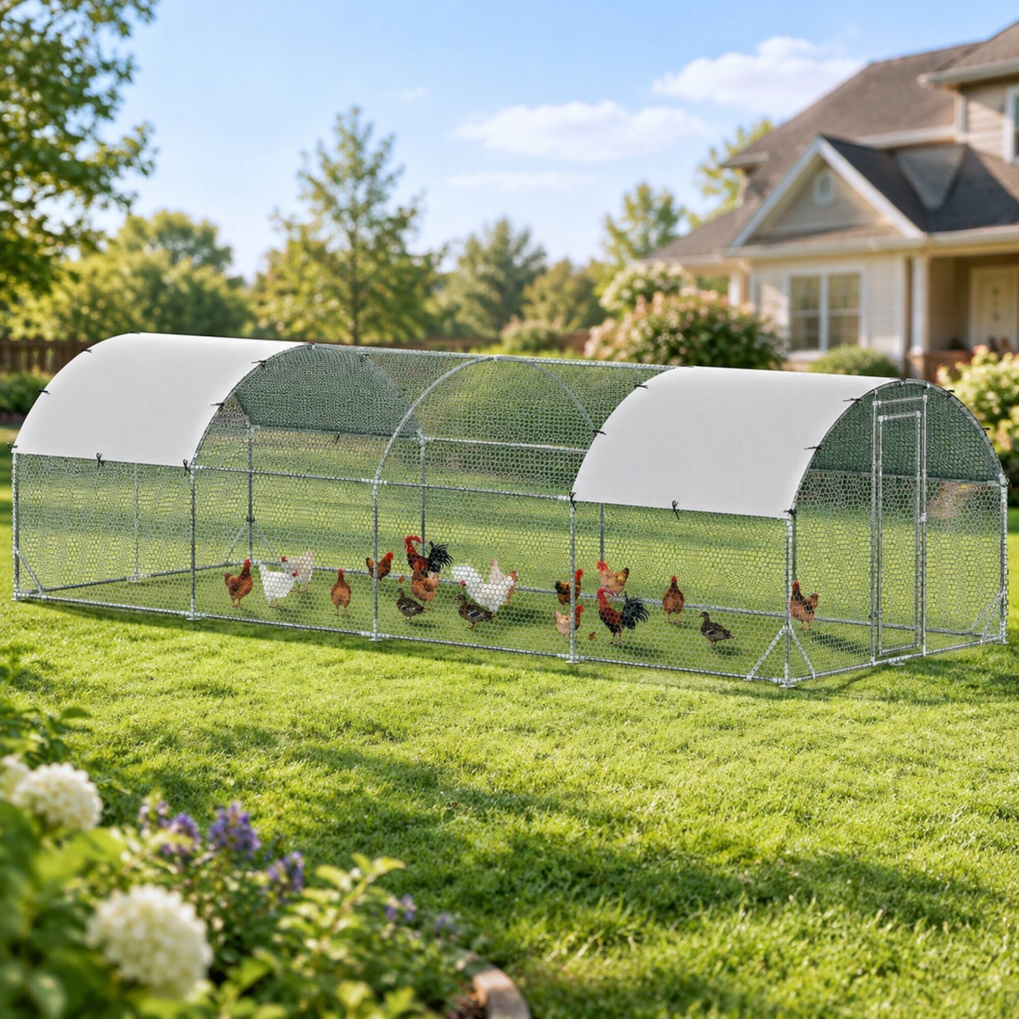 Left. RYHNUYNE - 9.2 ft x 24.9 ft Metal Chicken Coop, Walk-In Design, Galvanized Steel Frame, Oxford Cloth Roof for Yard and Outdoor Use.