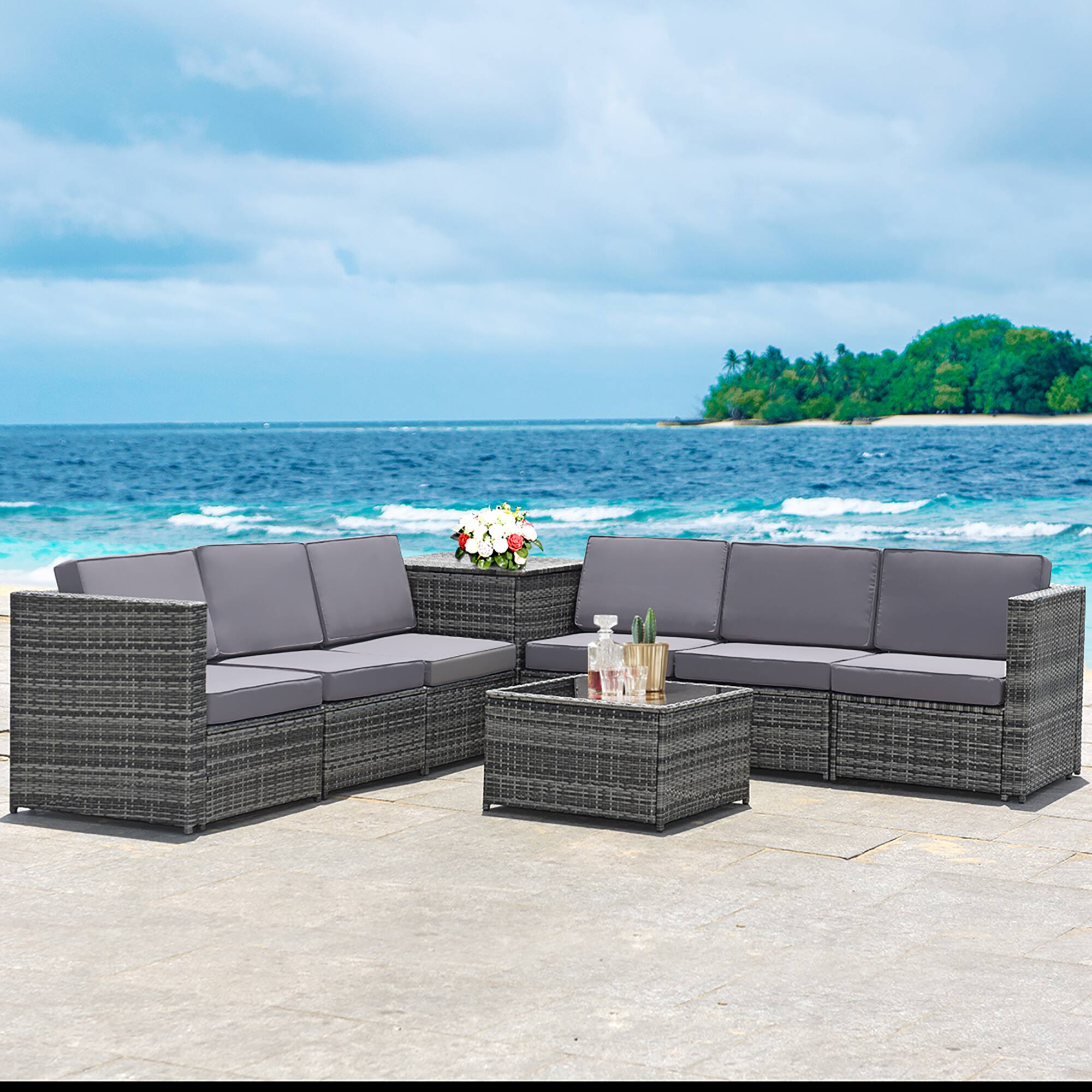 Alt View 3. Costway - 8 PCS Wicker Sofa Weaving Rattan Furniture Set Patio Furniture w/ Storage Outdoor - Gray.
