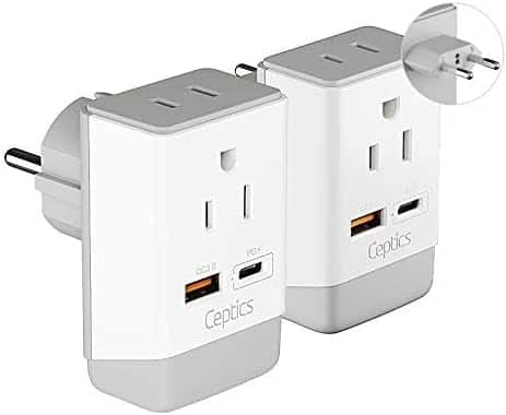 Ceptics - European Travel Plug Adapter, Schuko QC 3.0 & PD Safe Dual USB & USB-C - 2 USA Socket - White