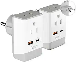 Ceptics - European Travel Plug Adapter, Schuko QC 3.0 & PD Safe Dual USB & USB-C - 2 USA Socket - White