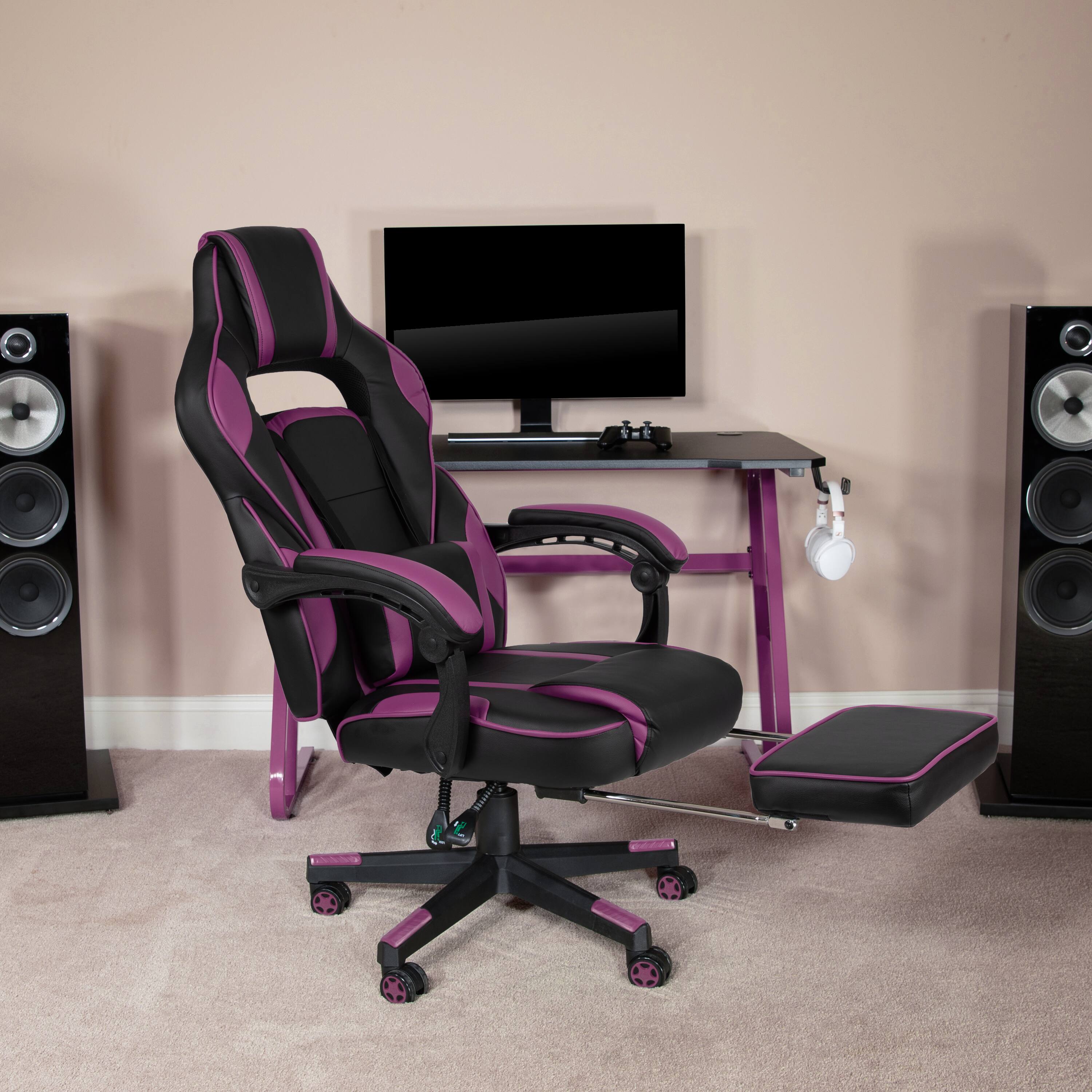 Alt View 3. Emma + Oliver - Ergonomic Gaming Chair -Recline Back/Arms, Footrest, Massaging Lumbar - Black with Purple Trim.