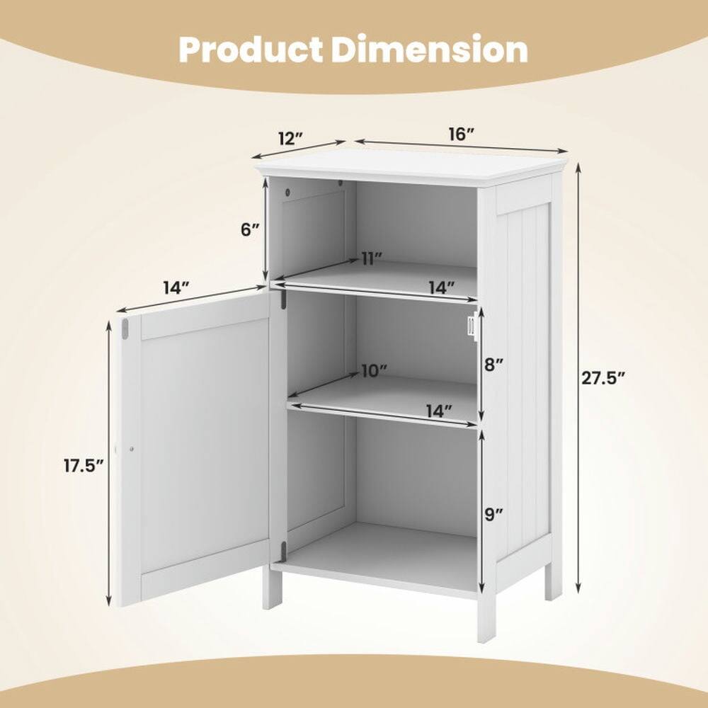 Product Dimension: 12" x 16" x 27.5"  
Shelf Dimensions:  
- Top Shelf: 14" x 11"  
- Middle Shelf: 14" x 10"  
- Bottom Shelf: 14" x 9"  
- Door: 17.5" x 14"  
- Side: 6" x 8"