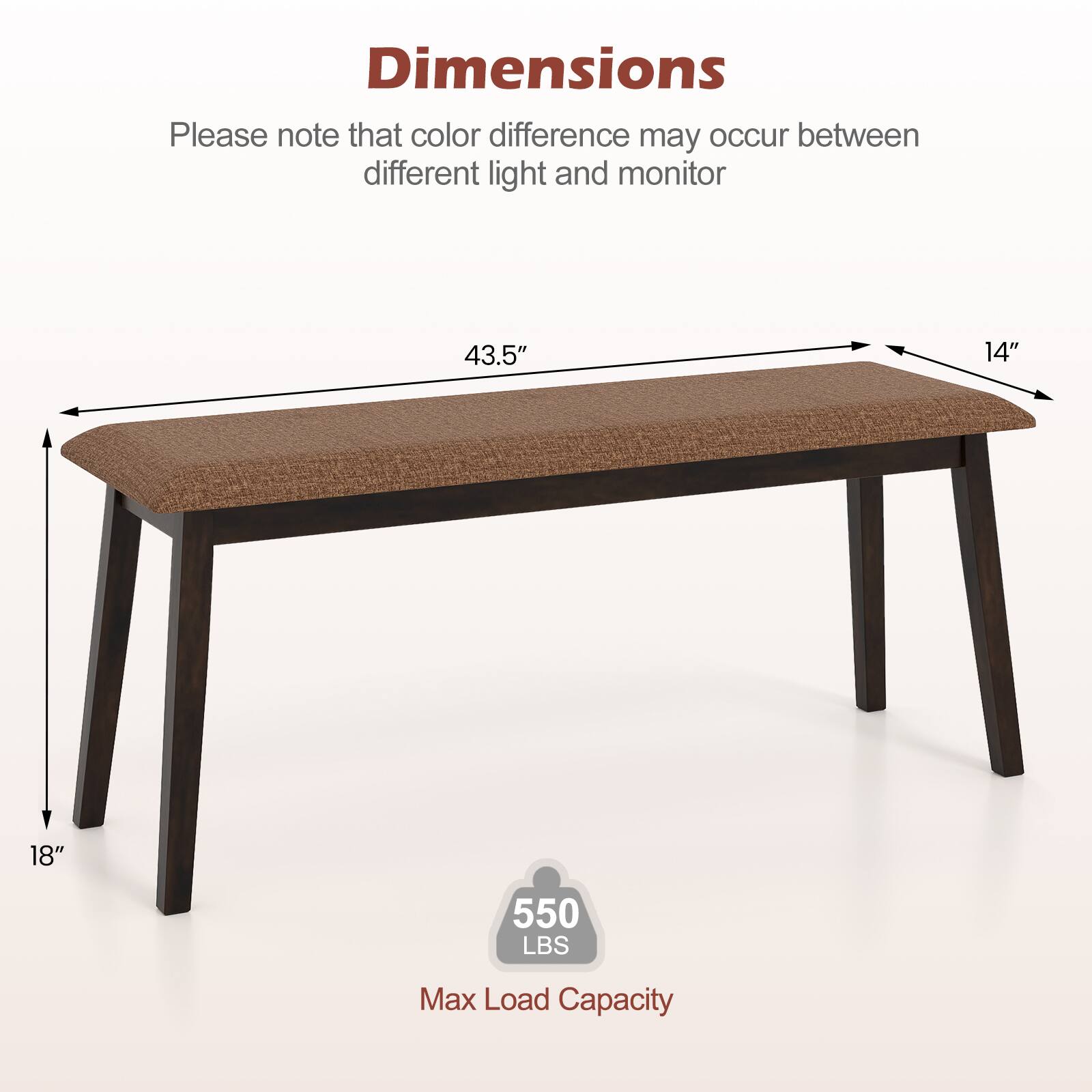 Dimensions  
Please note that color difference may occur between different light and monitor  

43.5"  
14"  
18"  
550 LBS  
Max Load Capacity