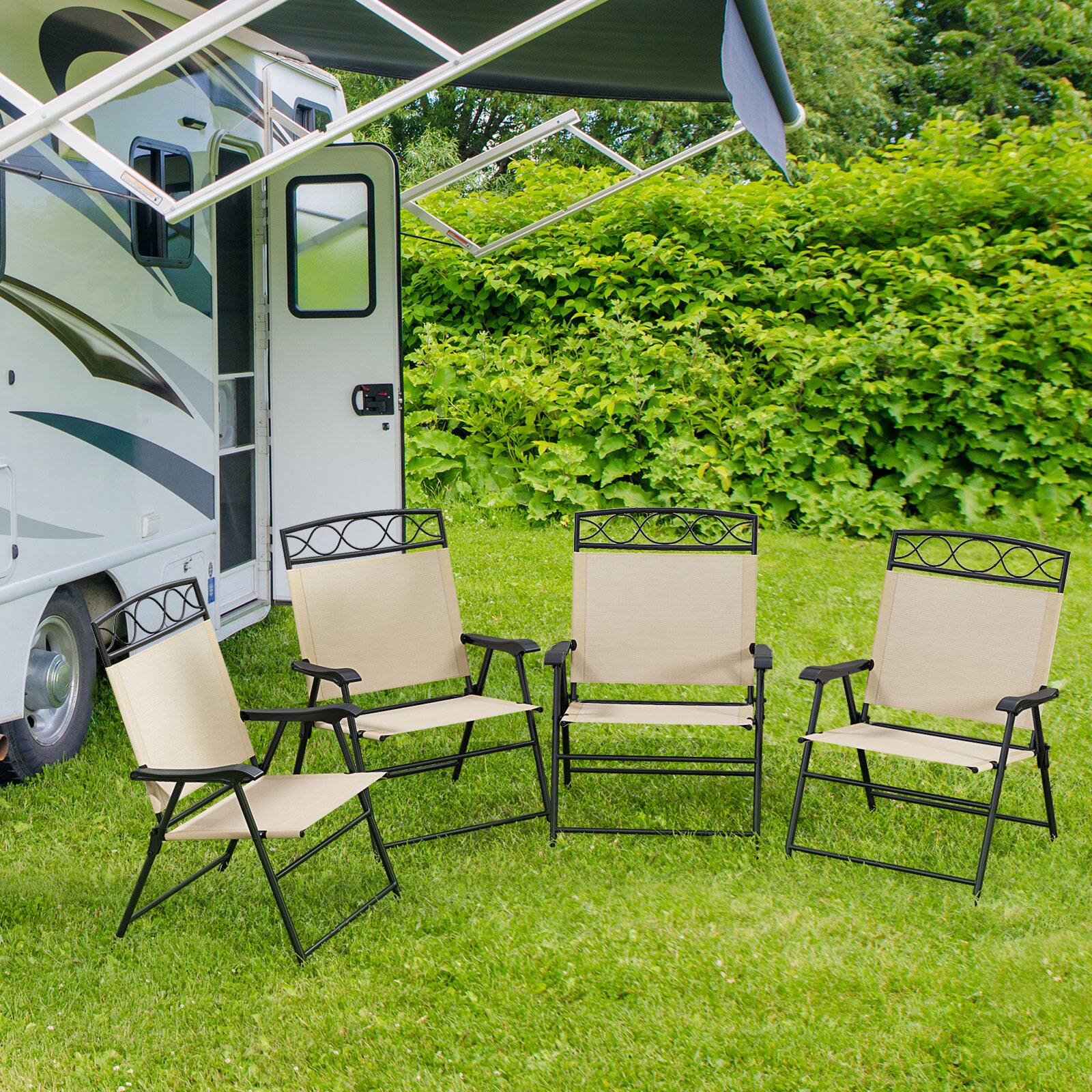 Alt View 1. Gymax - Gymax 4 Pack Patio Folding Chairs w/ Backrests & Armrests Metal Frame Outdoor Beige - Beige.