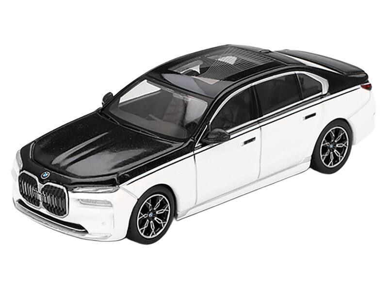 Alt View 1. True Scale Miniatures - BMW i7 xDrive60 Dravit Alpine White and Black Sapphire Limited Edition 1/64 Diecast Model Car by Mini GT.