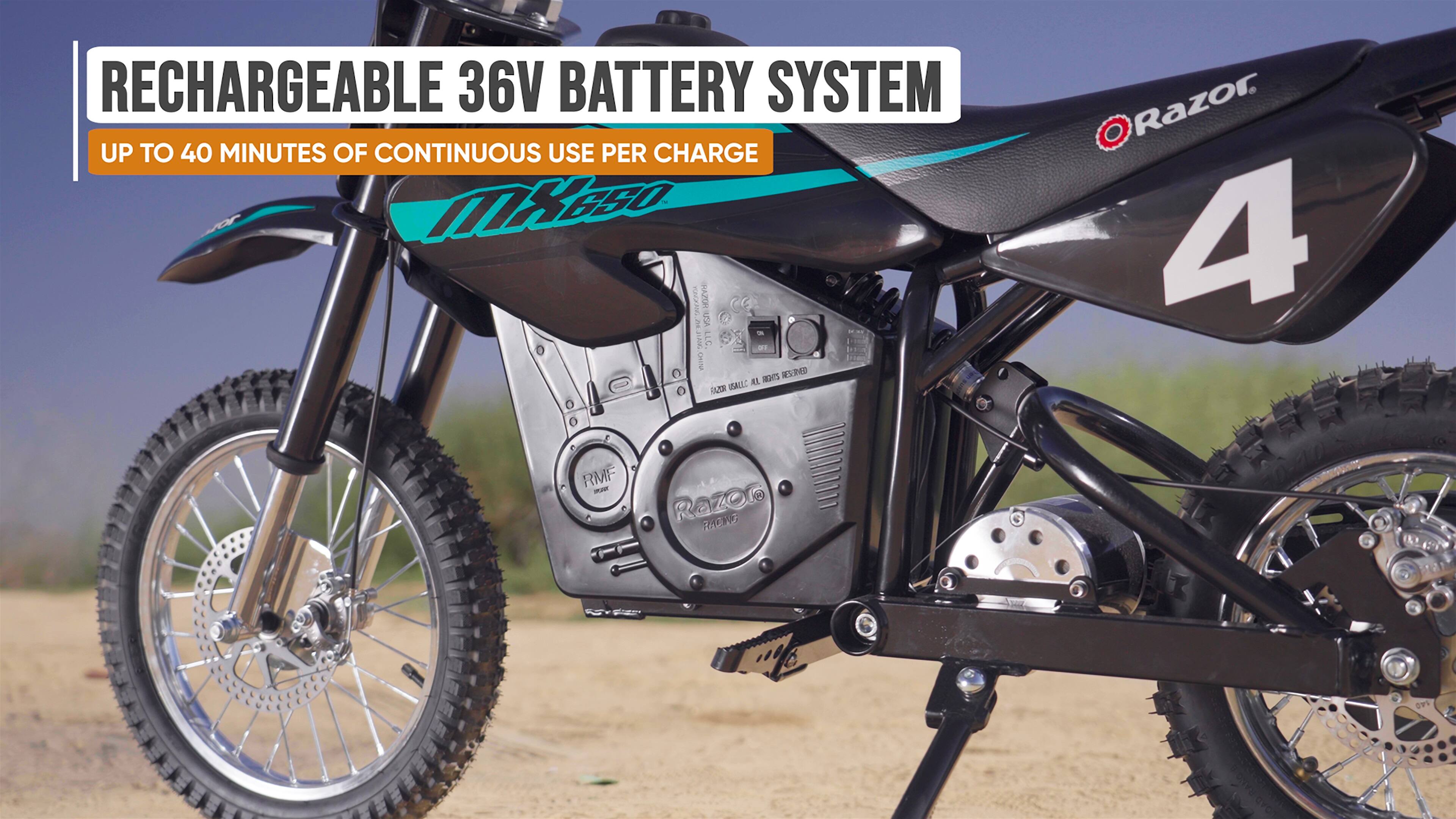 The text on the image reads: "Rechargeable 36V Battery System Up to 40 Minutes of Continuous Use Per Charge."