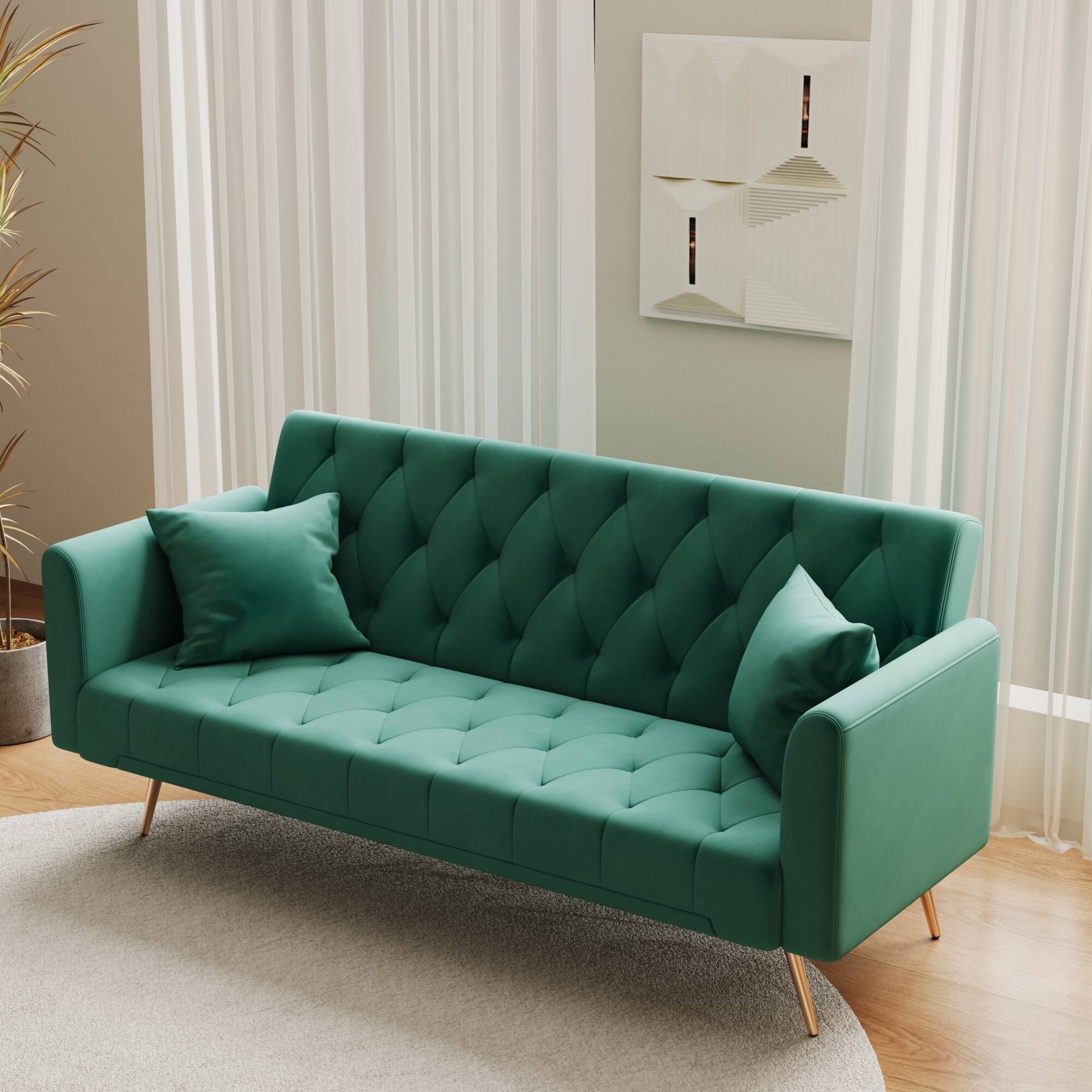 Alt View 4. GOODSILO - Convertible Velvet Sofa Bed with Adjustable Backrest for Small Spaces, Living Room and Office Use - Green.