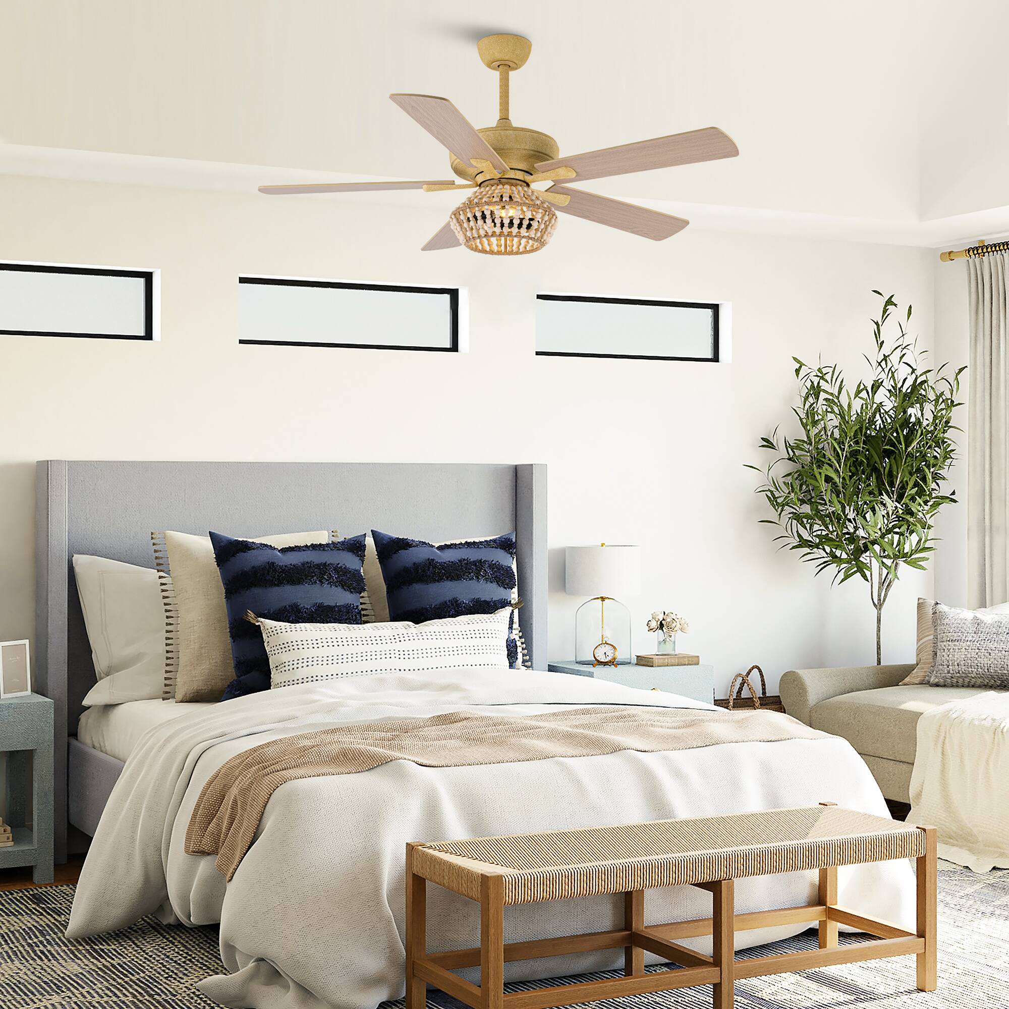 Back. Parrot Uncle - 52" BohoSand Gold Cage Ceiling Fan with Remote and Light Kit - Matte White.