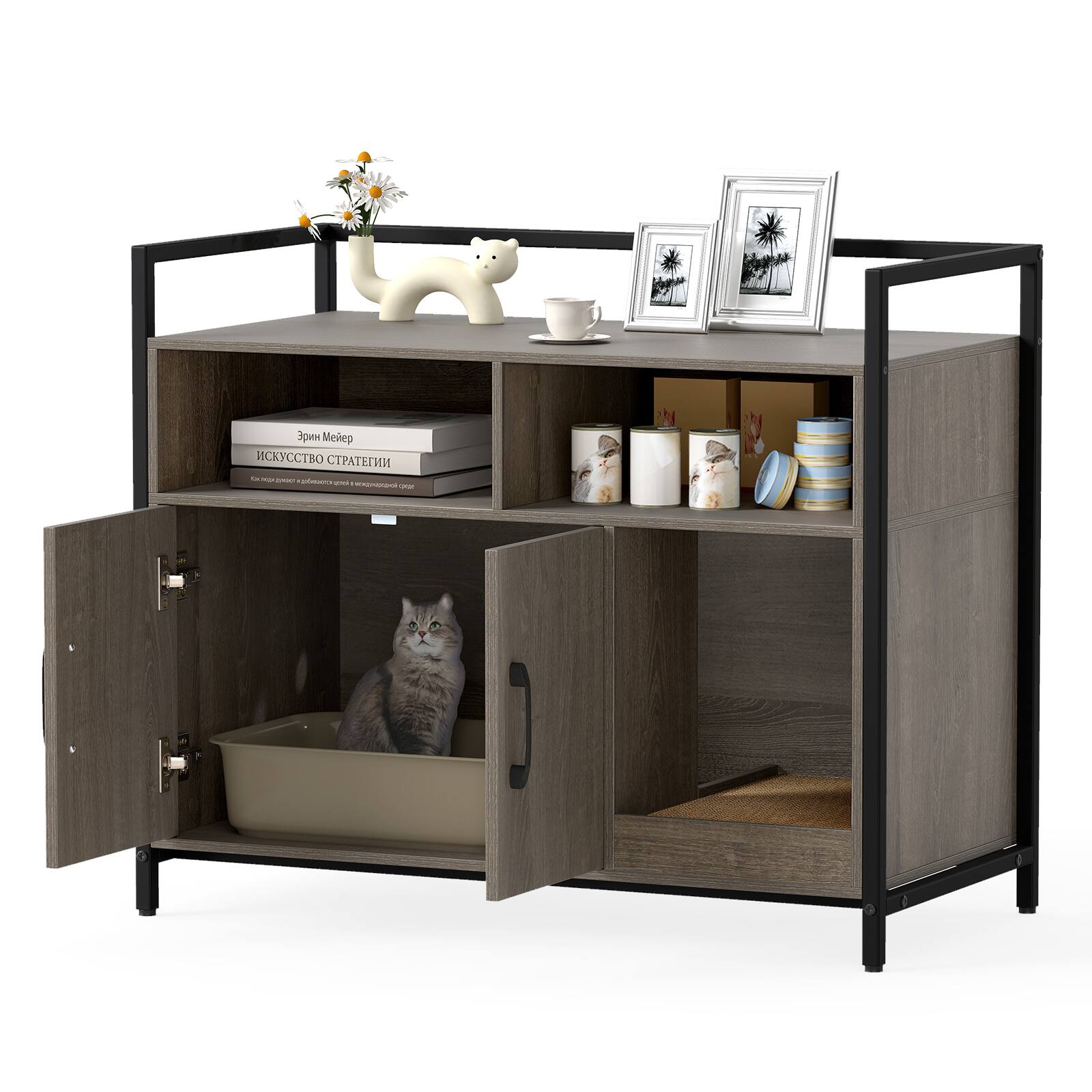 Alt View 9. Gymax - Gymax Cat Litter Box Enclosure w/ Storage Compartments Removable Scratching Board Gray - Gray.