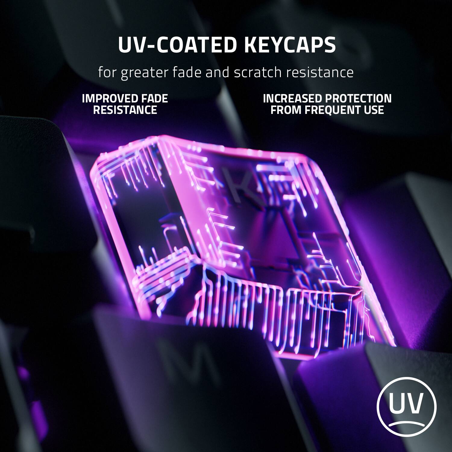 UV-coated keycaps for greater fade and scratch resistance, improved fade resistance, and increased protection from frequent use.