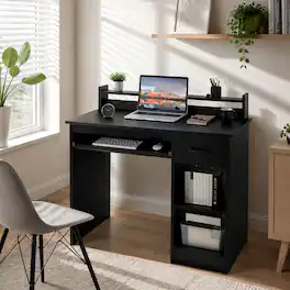 WELLFOR - 41.5" Modern Computer Desk with Drawer and Keyboard Tray, PC Laptop Table Study Writing Workstation for Home Office - Black
