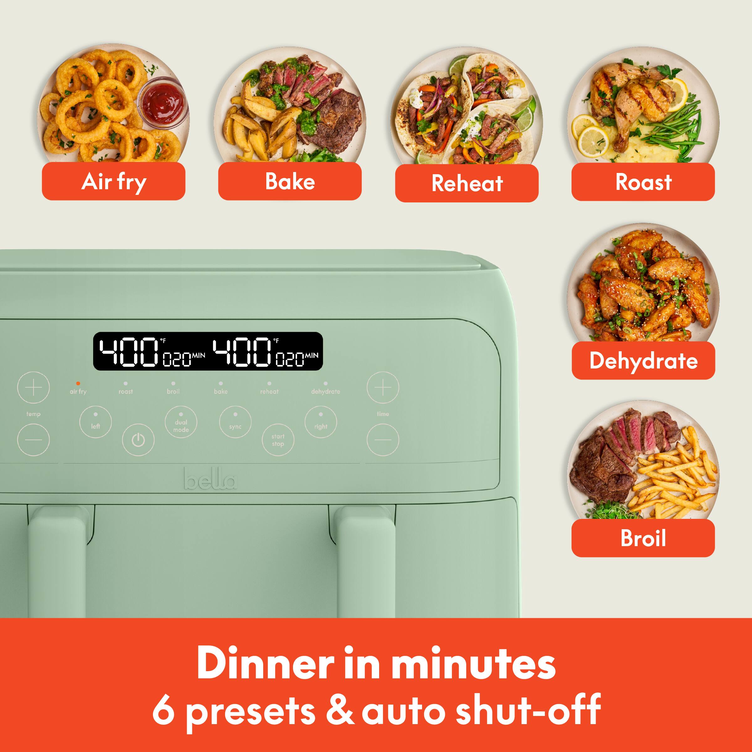 Air fry Bake Reheat Roast Dehydrate Broil Dinner in minutes 6 presets & auto shut-off