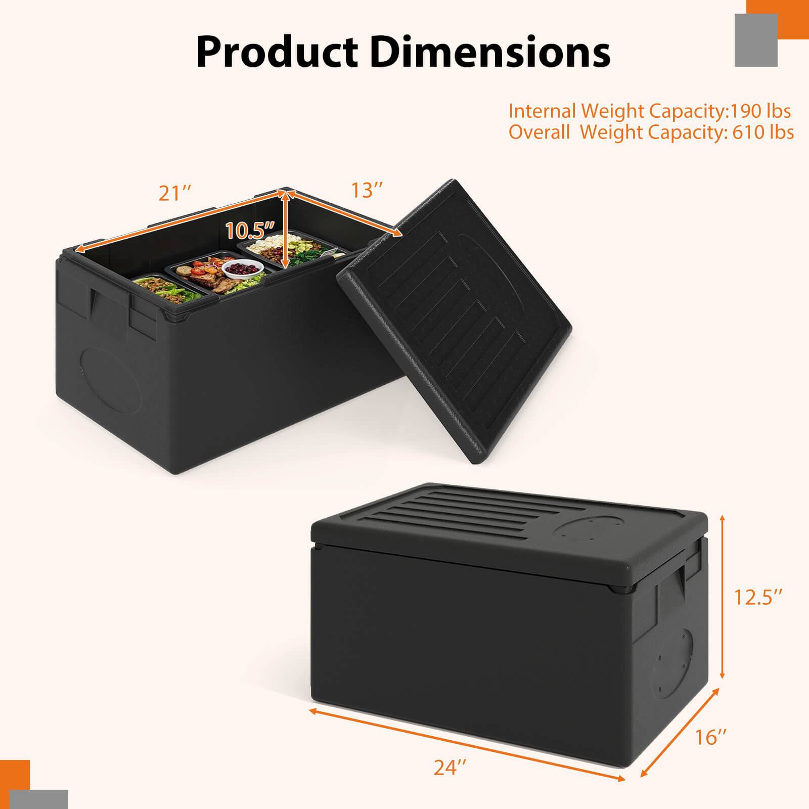 Product Dimensions  
Internal Weight Capacity: 190 lbs  
Overall Weight Capacity: 610 lbs  

21" x 13" x 10.5"  
24" x 16" x 12.5"