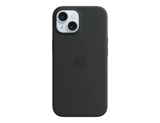 Front. Apple - Apple Silicone Case with MagSafe for iPhone 15 Plus - Black - Black.