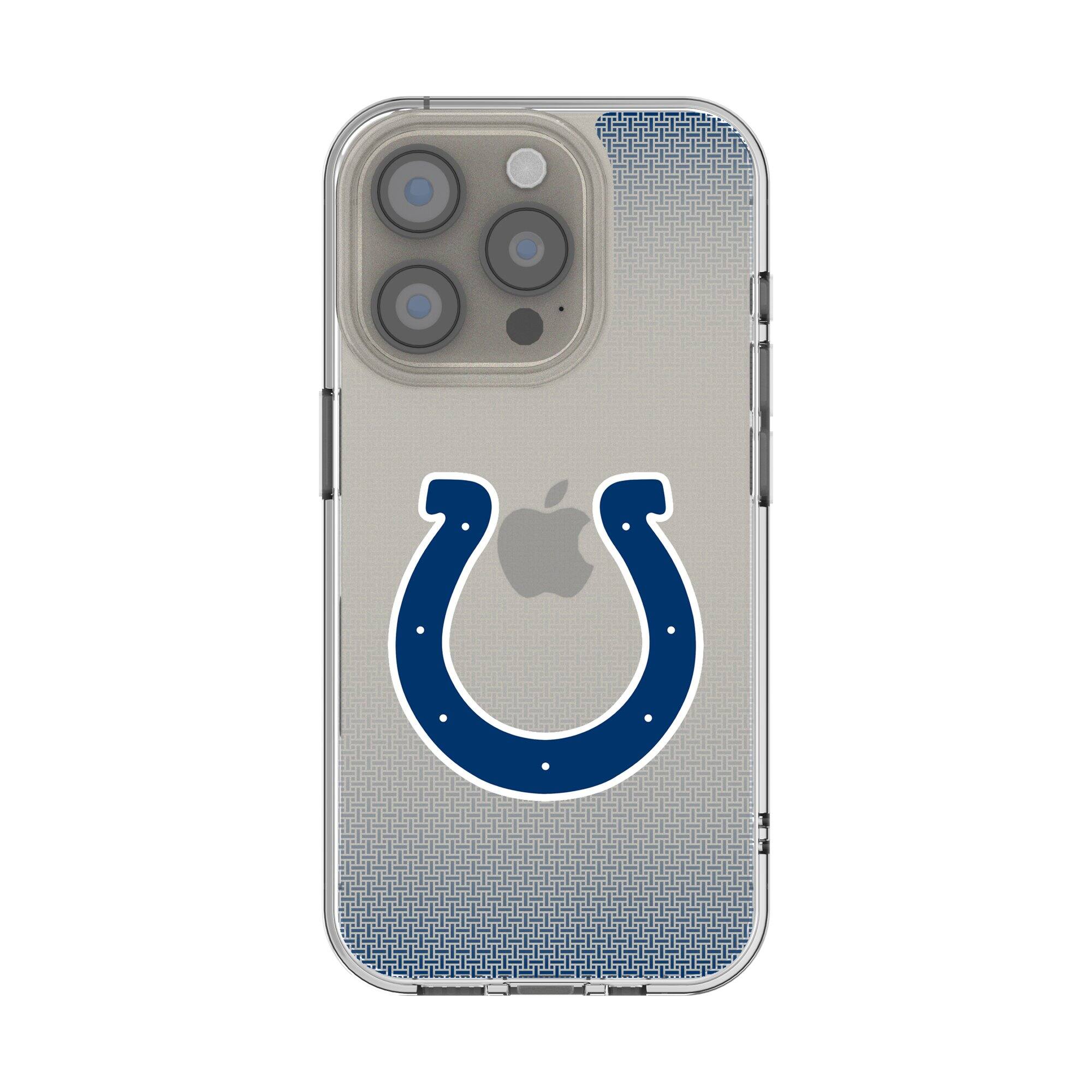 Front. Keyscaper - Indianapolis Colts Linen Logo iPhone Clear Case - 13 Pro - Multicolor.