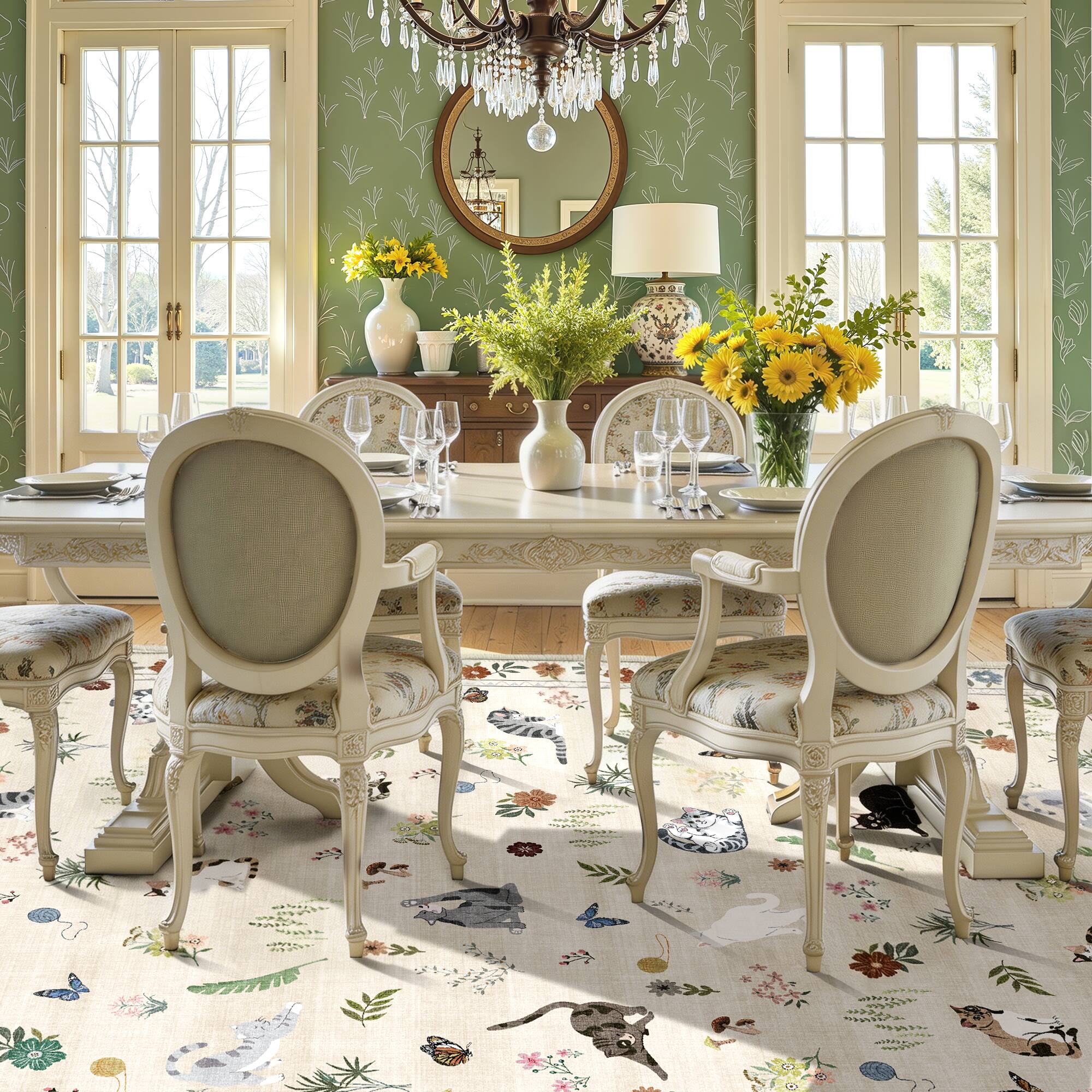 Alt View 2. KERDOM - 8x10' Extra Large Area Rug, Cat-Themed Floral Carpet for Living Room & Master Bedroom, Rubber Backing, Machine Washable - Beige.
