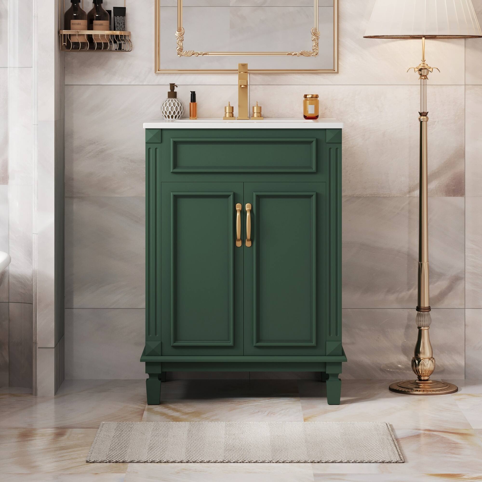 Left. ELEMENT ACE - Modern Bathroom Vanity with Ceramic Sink and Soft-Closing Doors, Solid Wood Frame Storage Cabinet - Green.