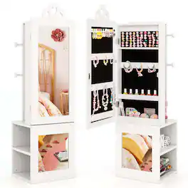 Costway - Kids Jewelry Cabinet Standing Children Jewelry Organizer with Full-Length Mirror - White