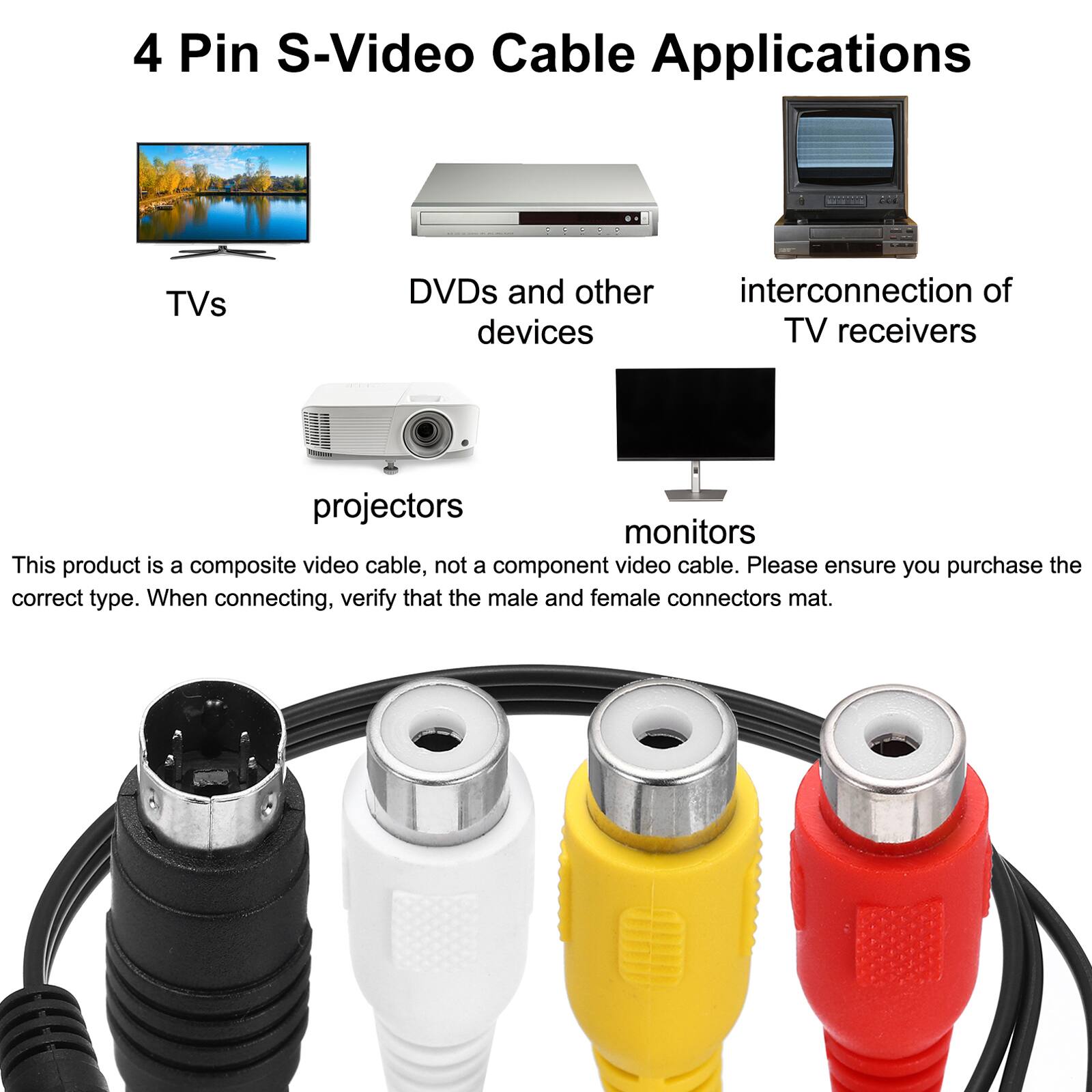4 Pin S-Video Cable Applications

- TVs
- DVDs and other devices
- interconnection of TV receivers
- projectors
- monitors

This product is a composite video cable, not a component video cable. Please ensure you purchase the correct type. When connecting, verify that the male and female connectors match.