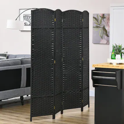 Front. MOOSOO - Room Divider, 4 Panel Folding Privacy Screen, 5.6' Tall Freestanding Partition for Home Office, Bedroom - Black.