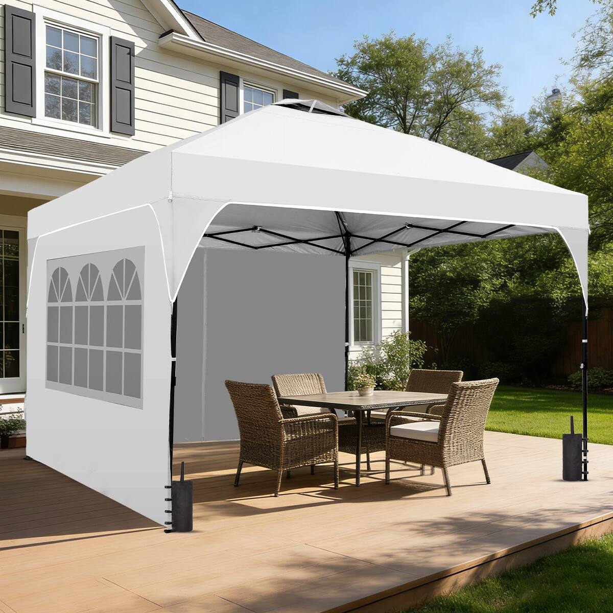 Left. Ainfox - Ainfox 10x10 FT Pop up Canopy Tent Shelter with 1-Button Push,4 Removable Sidewalls & Sandbags for Outdoor Events - White.
