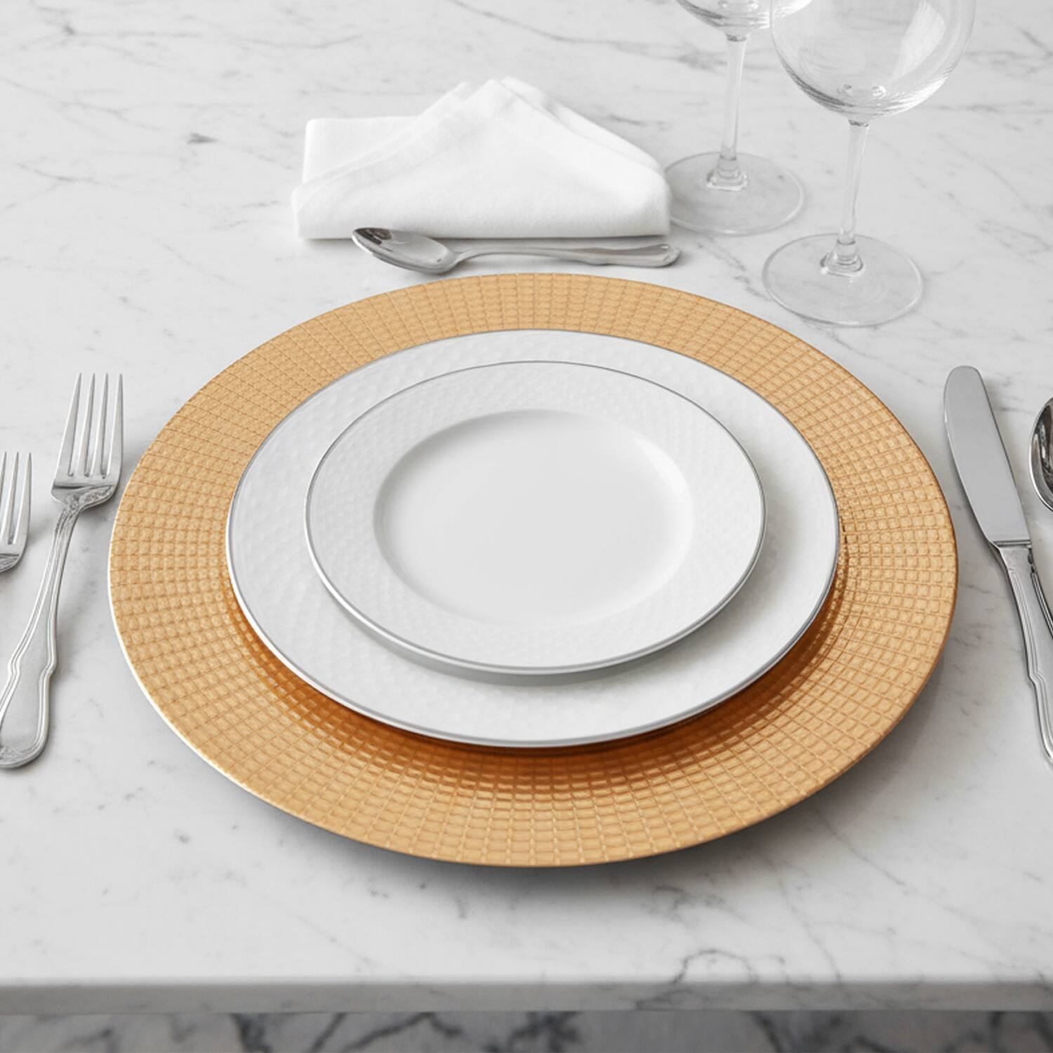 Left. American Atelier - Estelle Gold Plated Set of 4 Charger Plates 13"D - Gold.