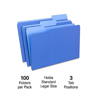 100 Folders per Pack  
Holds 3 Standard Tab Legal Size Positions