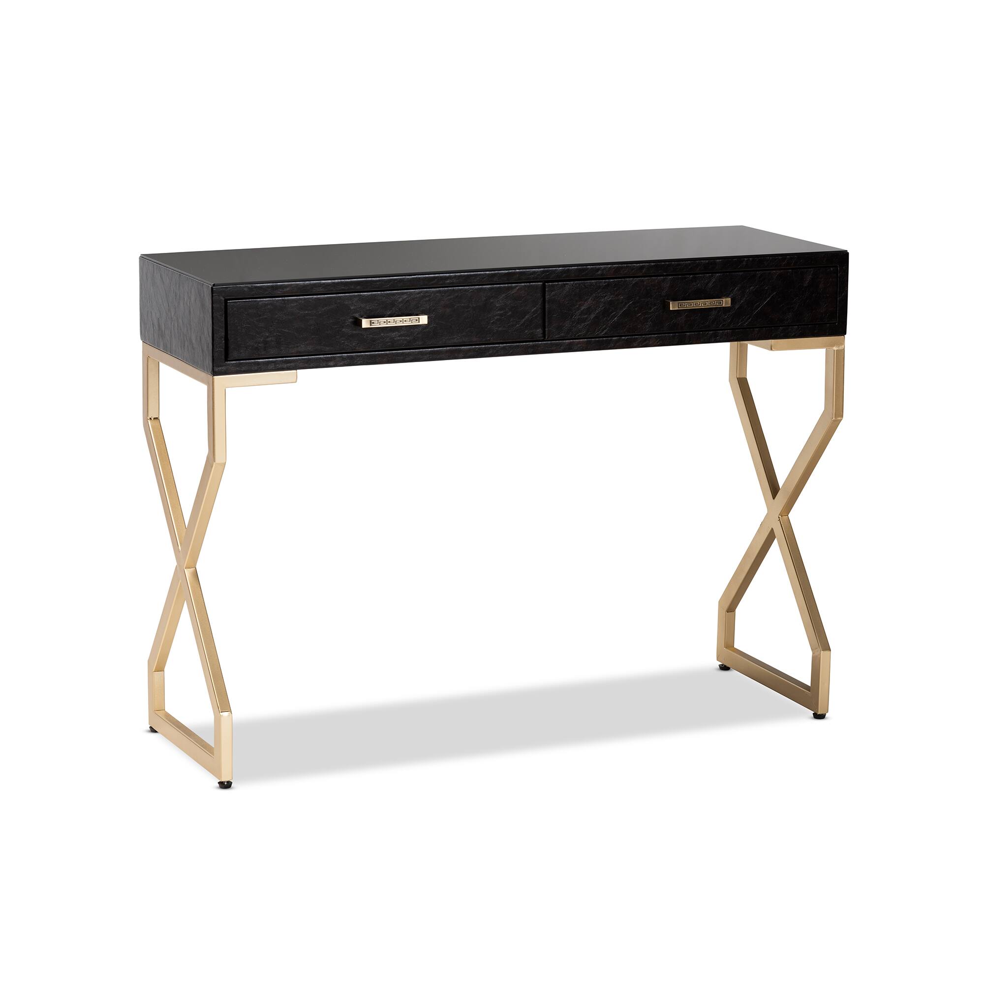 Baxton Studio - Carville Modern and Contemporary Faux Leather UpholsteFinished 2-Drawer Console Table - Dark Brown/Gold