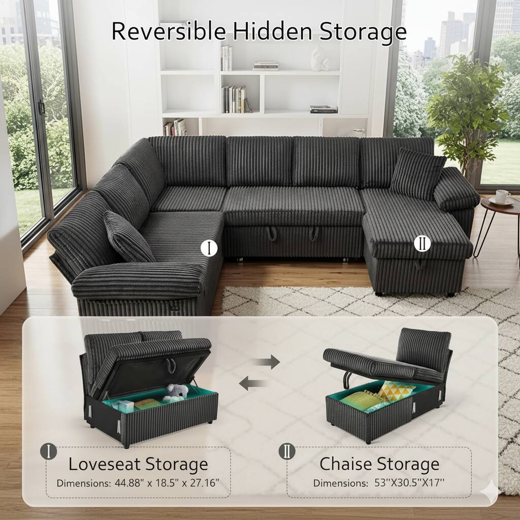 Reversible Hidden Storage

I. Loveseat Storage
Dimensions: 44.88" x 18.5" x 27.16"

II. Chaise Storage
Dimensions: 53" x 30.5" x 17"