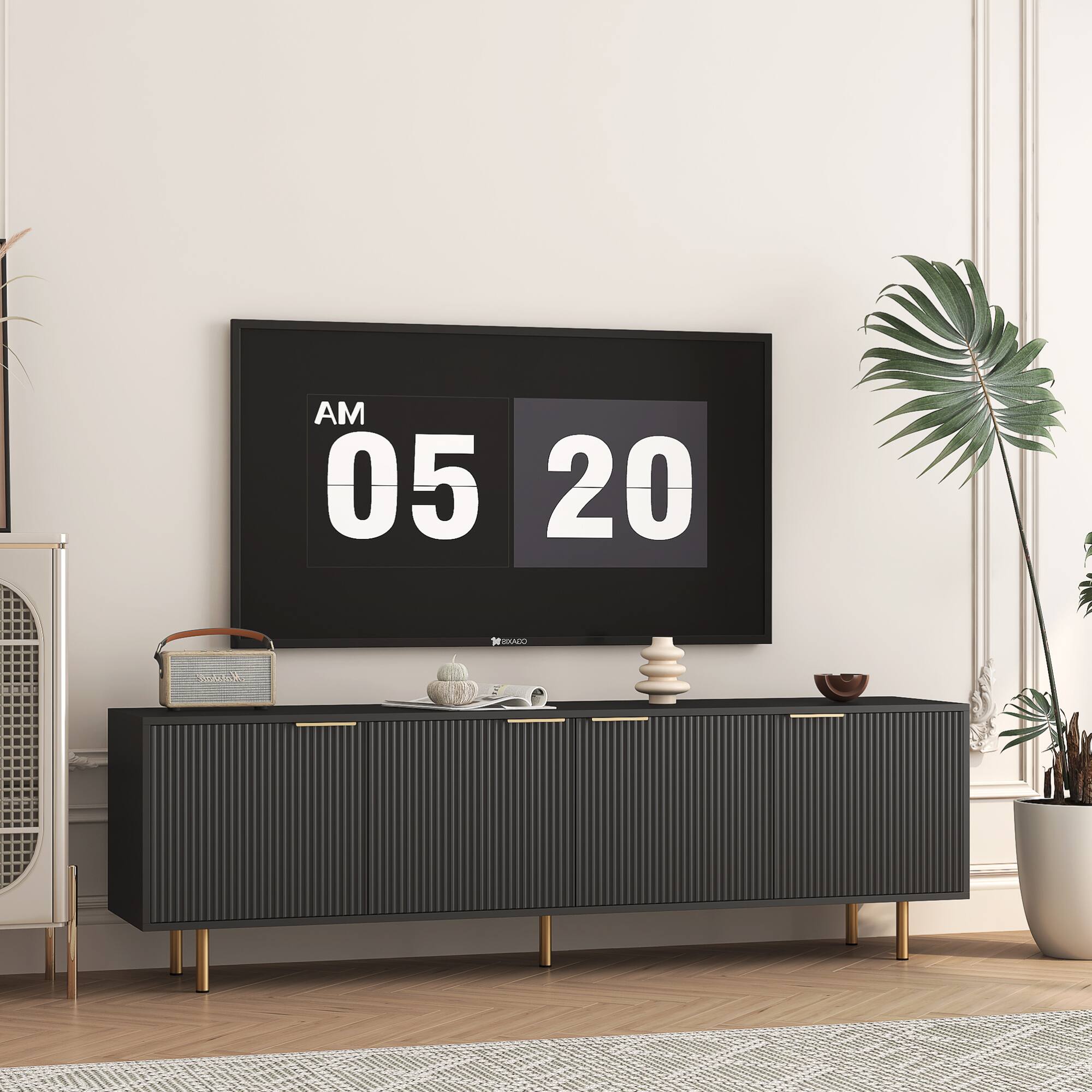 Back. GOODSILO - 68-Inch Modern Fluted TV Stand with Storage Doors and Media Cabinet for Large Screen Entertainment Centers - Black.