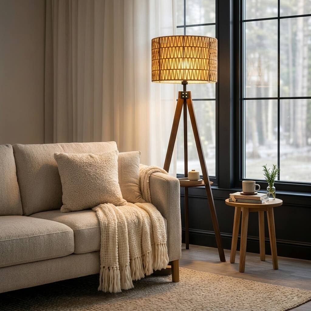 Front. Malletson - 59'' Tall Boho Tripod Floor Lamp with Shelves, Mid-Century Modern Wood Standing Lamp with Rattan and Fabric Shades.