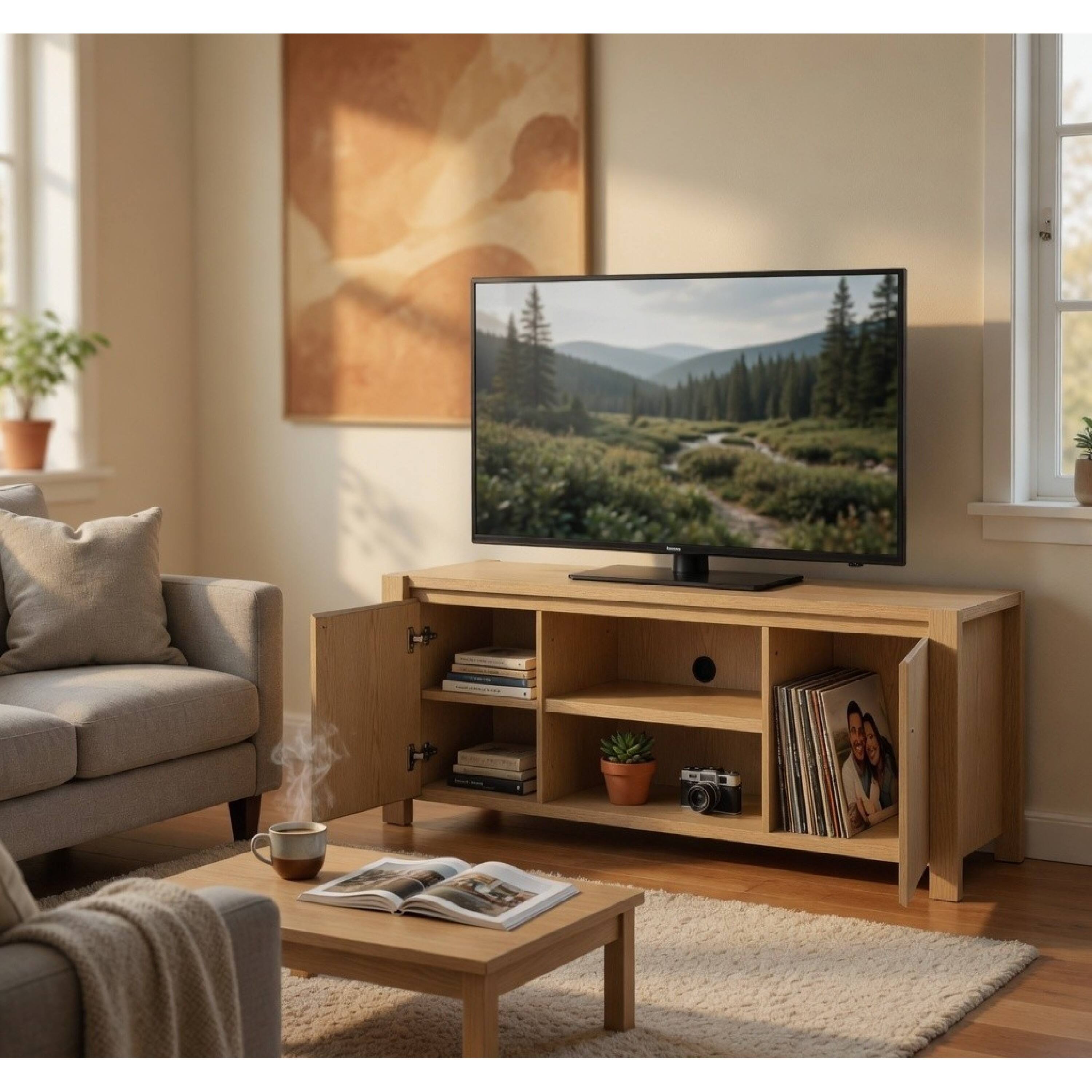 Alt View 7. Manhattan Lane - Laury TV Stand Media Console with Open Shelves, Light Oak Wood 60 Inch - Light Oak Brown.