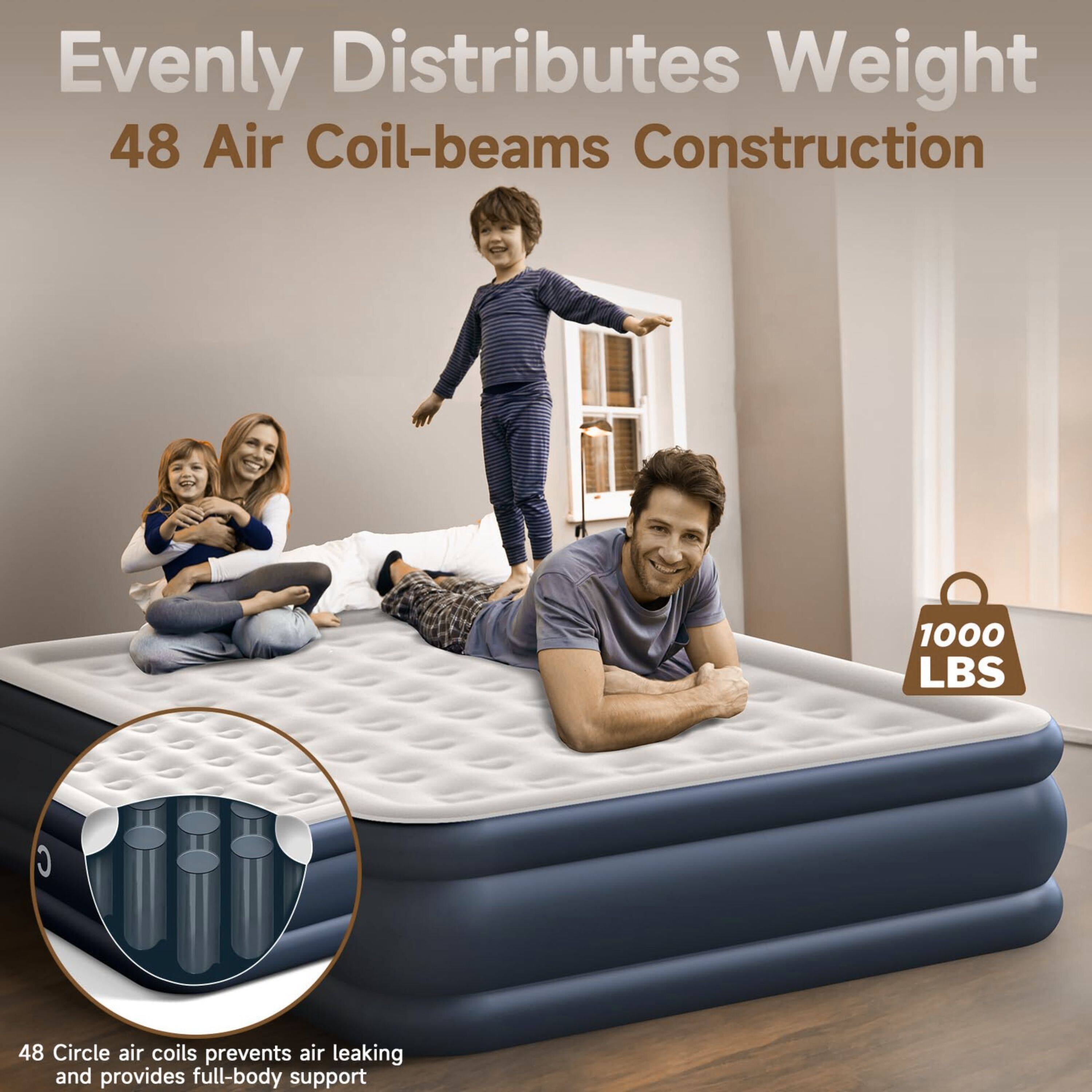 Evenly Distributes Weight  
48 Air Coil-beams Construction  

1000 LBS  

48 Circle air coils prevent air leaking and provide full-body support