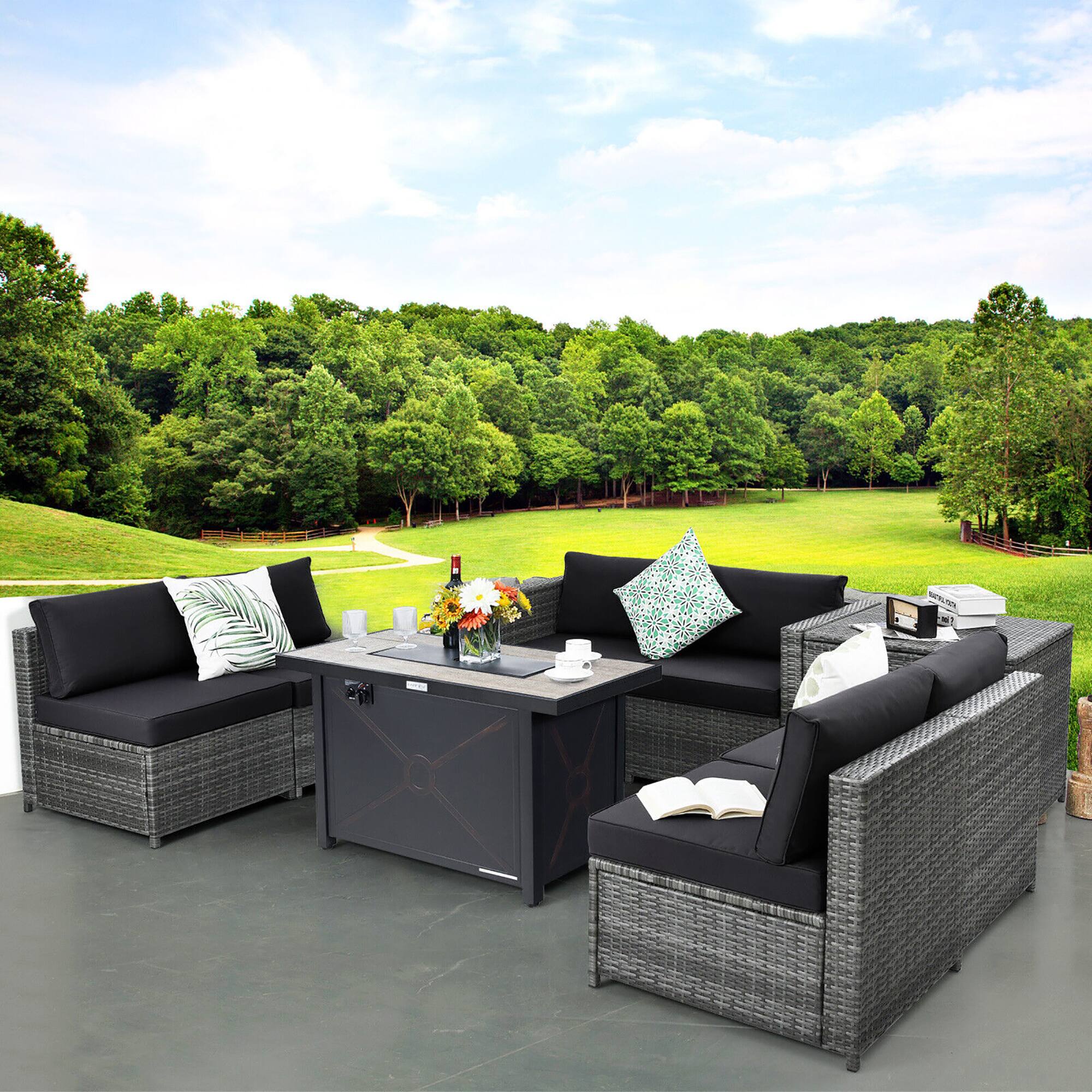 Alt View 3. Gymax - Gymax 9 PCS Patio Rattan Furniture Set Fire Pit Table Storage Grey W/ Cover Black - Black.