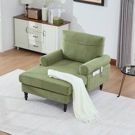 Trinkets Crazed - Chenille Fabric Chaise Lounge Recliner Single Sofa Living Room Bedroom Rest Chair Wooden Sofa Legs - Olive Green