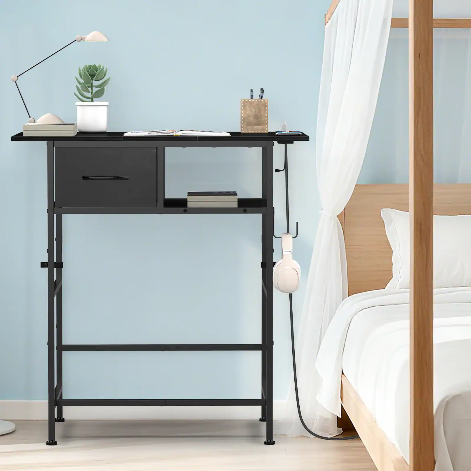 Angle. Oumilen - Vanity Desk with Charging Station, Black Wood Top Makeup Table with Fabric Drawer - Black.